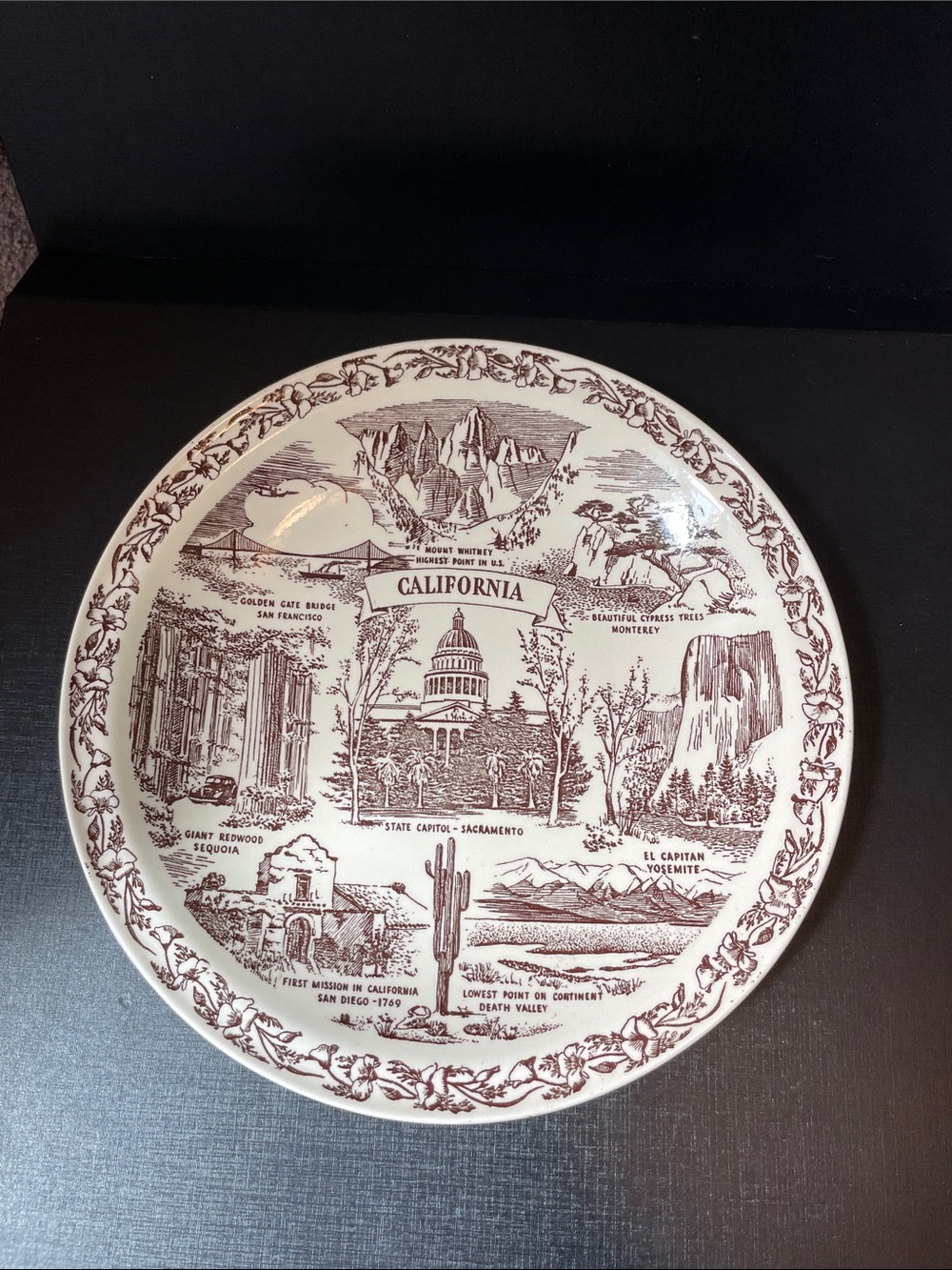 Vintage Vernon Kilns Brown Souvenir California Plate 10 3/8”